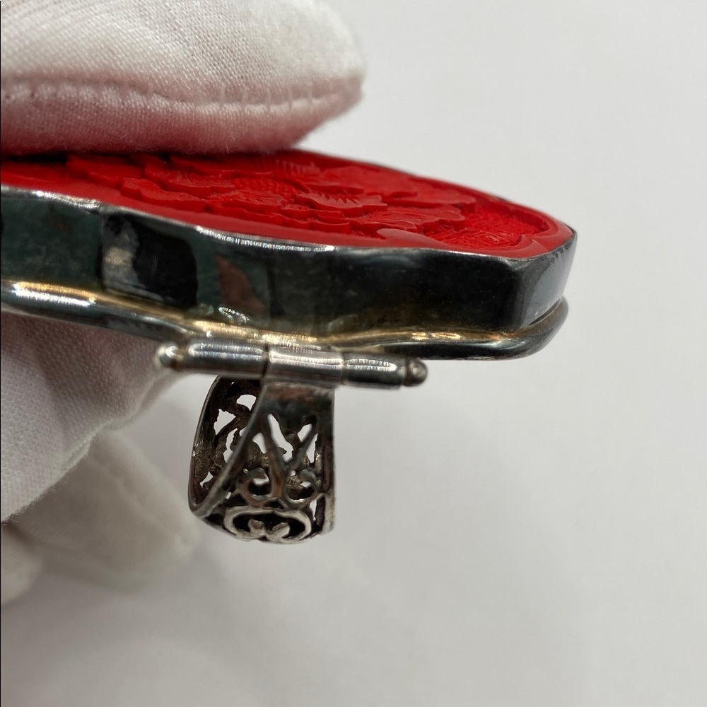 Vintage Sterling Silver Large Chinese Cinnabar Heart Shaped Pendant - Picture 10 of 10